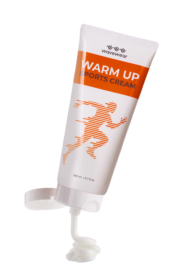 WaveWear Warm Up Sports Cream in a tube, promoting muscle warming cream for performance