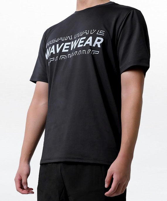 WaveWear black performance short-sleeve athletic top with white logo print on chest