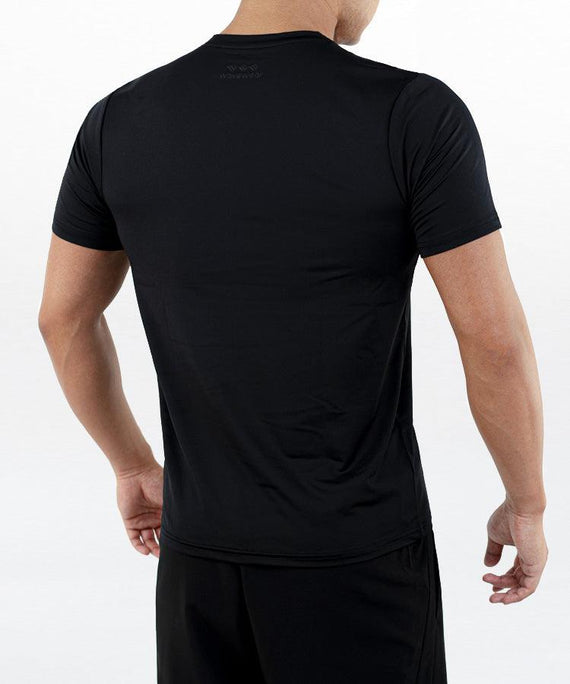 WaveWear black performance short-sleeve athletic top shown from the back on a male model