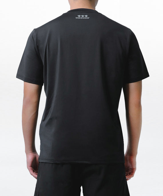 Back view of WaveWear black performance short-sleeve athletic top worn by a male model