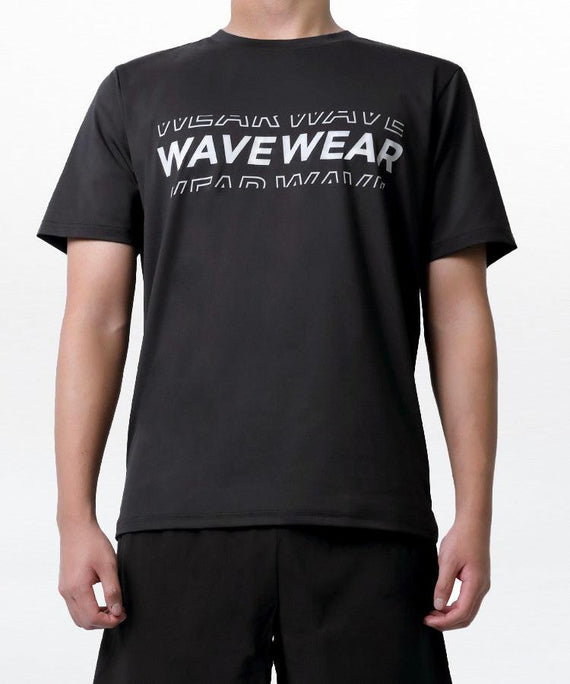 Black WaveWear performance short-sleeve athletic top with bold white logo on chest