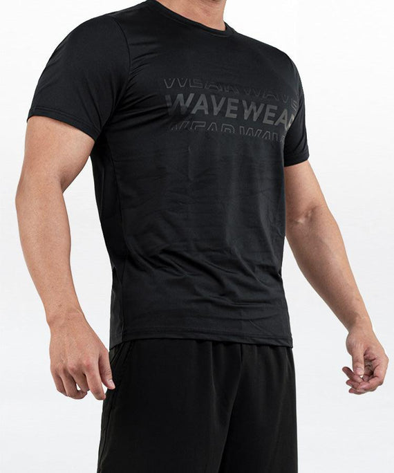 WaveWear black performance short-sleeve athletic top with subtle logo on chest for men