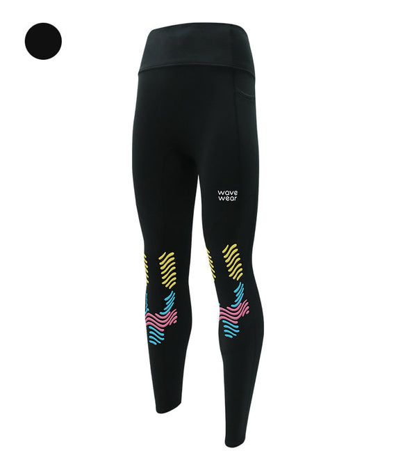WaveWear black winter compression leggings women with colorful patterns and high waistband
