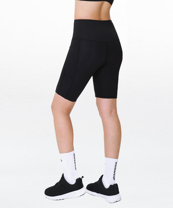 WaveWear black women's compression biker shorts with high waist and side pocket