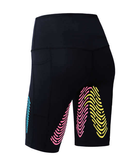 SY20 Thigh & Hamstring Taping Biker Shorts back flat lay in black showing colorful pink, yellow, and cyan AlignX kinesiology taping zone wave patterns on thighs and hamstrings