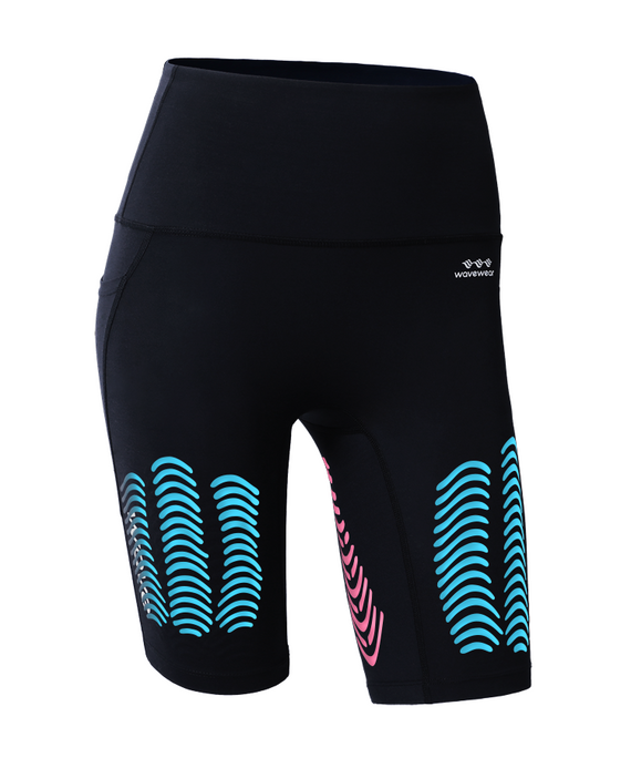 WaveWear women's compression biker shorts in black with blue and pink wave patterns
