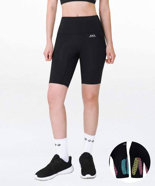 SY20 Thigh & Hamstring Taping Biker Shorts front view on model in black showing high waist fit with colorful kinesiology taping zone product insets on white background