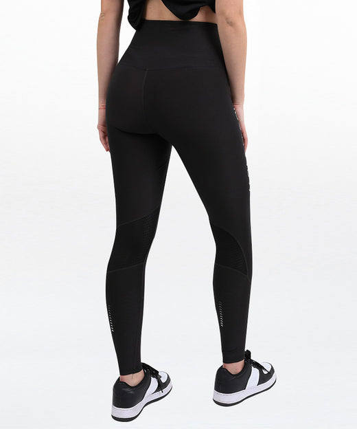 Y20 Lazuli Women's Compression Leggings back view in black showing mesh ventilation panels on calves and high waist fit