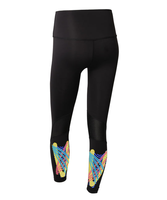 Y20 Lazuli Women's Compression Leggings back flat lay showing colorful yellow, cyan, and pink kinesiology taping zone graphics on calves with mesh ventilation panels and high waistband