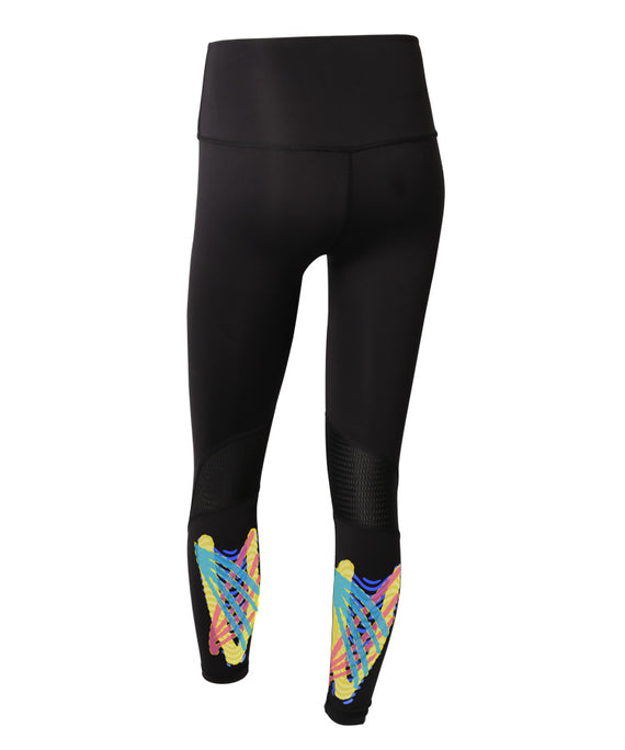 WaveWear black women's compression leggings with colorful abstract design on calves and high waistband