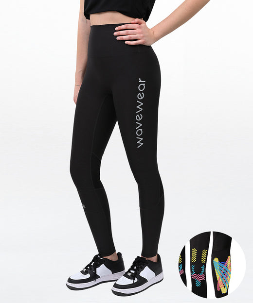 WaveWear Y20 Lazuli Women's Kinesiology Compression Leggings front view in black with vertical WaveWear logo and colorful knee-calf taping inset