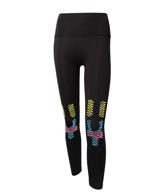 WaveWear black women's compression leggings with colorful abstract patterns on lower legs