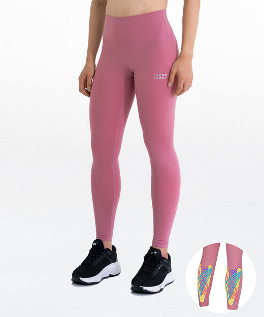 WaveWear Y10 Calf Therapy Tape Compression Leggings front view on model in indie pink with high waist fit and colorful calf kinesiology taping zone product inset