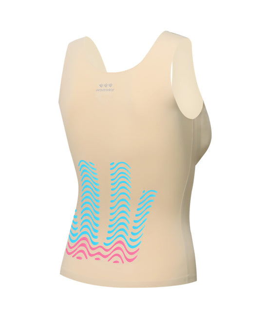 N10 Shapewear Back Support top flat lay back view in light beige showing colorful cyan and pink AlignX kinesiology taping zone wave patterns for lower back and posture support
