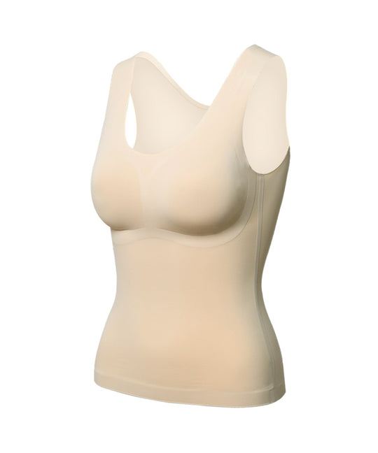 N10 Shapewear Back Support Kinesiology Padded top flat lay front view in light beige showing wide straps, seamless tank design, and slim compression fit