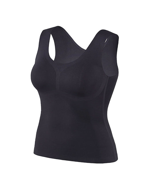 N10 Shapewear Back Support Kinesiology Padded top flat lay front view in black showing wide shoulder straps, seamless design, and slim compression fit