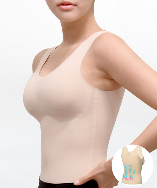 N10 Shapewear Back Support Kinesiology Padded top front close-up on model in light beige showing smooth seamless fit with beige kinesiology taping product inset