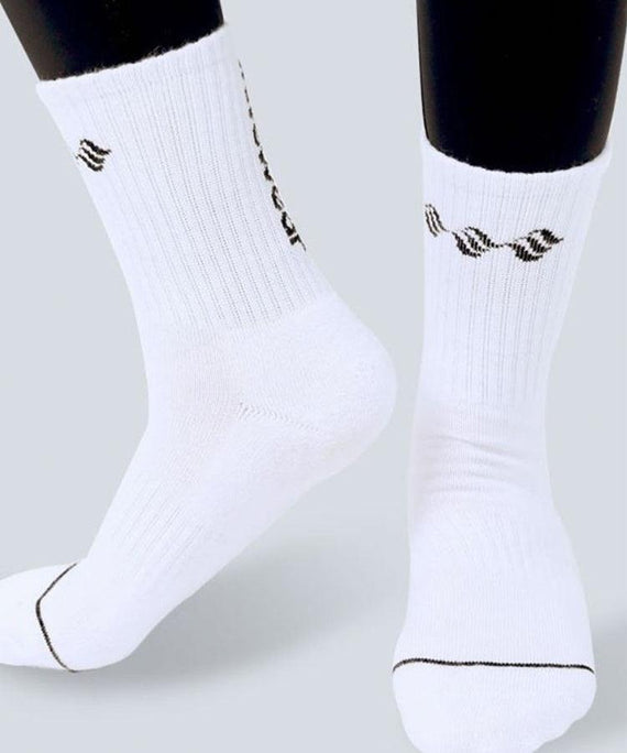 WaveWear white compression athletic socks with black logo and ribbed texture on mannequin feet