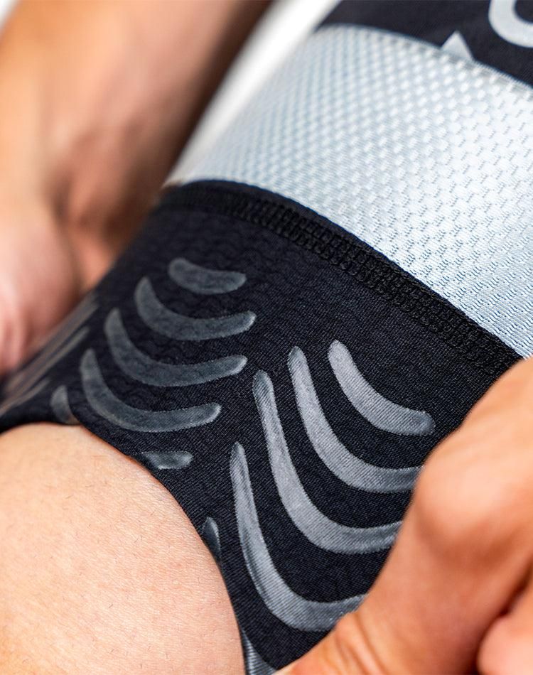 Close-up of wave-shaped AlignX silicone strips on the inside of a WaveWear leg band