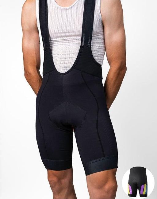 WaveWear Endeavor Kinesiology Cycling Bibshorts back view showing mesh bib straps and kinesiology taping zone inset