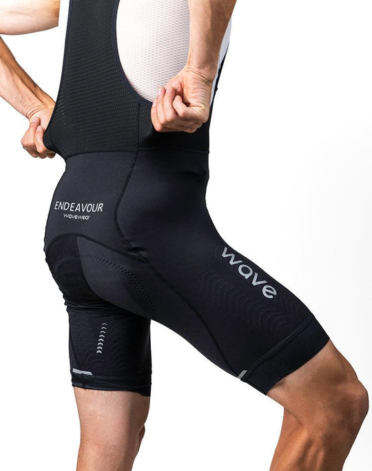 WaveWear compression cycling shorts for men in black with supportive fit and branding details