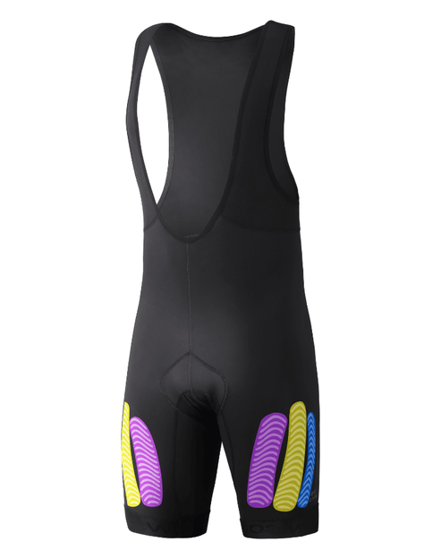 Endeavor Cycling Bibshorts back flat lay showing color-coded kinesiology taping zones for thigh and hamstring support