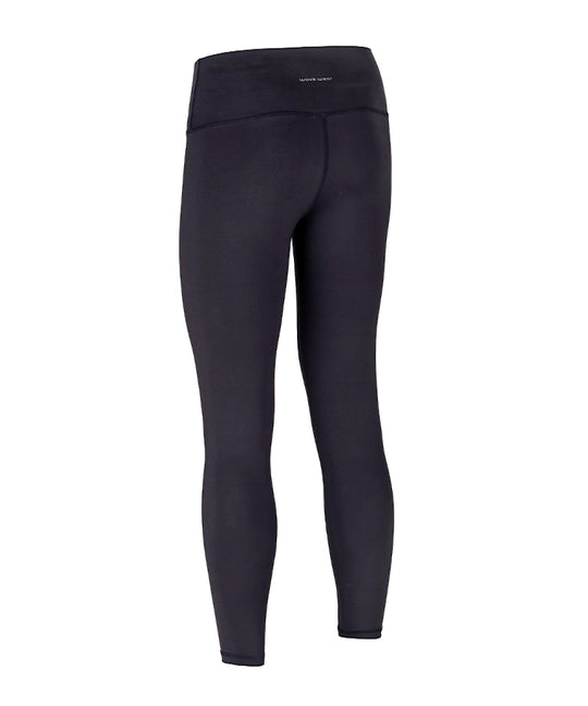 Zen Workout Compression Leggings Y1 flat lay back view in black showing wave wear logo on waistband, full-length design, and four-way stretch fabric
