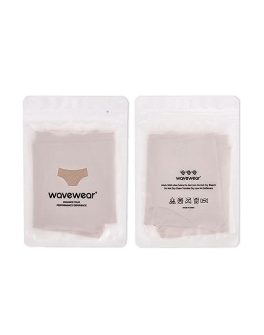 WaveWear women's seamless underwear packaged in clear resealable bags with logo and care instructions